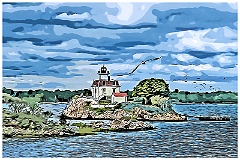 Birds Fly Around Pomham Rocks Lighthouse - Digital Painting